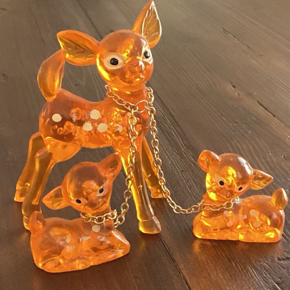 Vintage Lucite Deer Family Figurines Amber Orange Mother & Two Fawns Kitsch